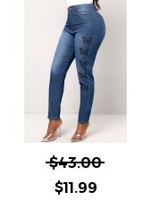 Butterfly Print Double Side Pockets Denim Blue Jeans