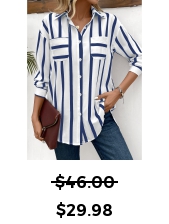 Striped Pocket Blue Long Sleeve Shirt Collar Blouse