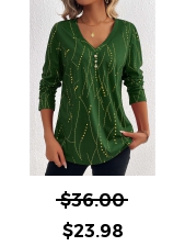 Geometric Print Button Green Long Sleeve T Shirt