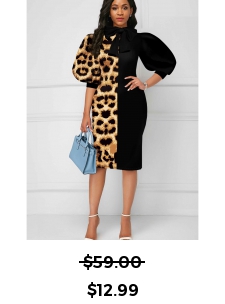 Leopard Bowknot Puff Sleeve Color Block Dress