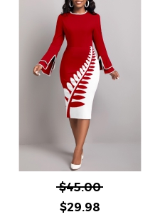 Leaf Print Patchwork Wine Red Long Sleeve Bodycon Dress