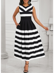 Striped Pocket Black Sleeveless V Neck Maxi Dress