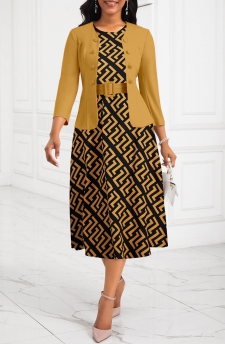 Geometric Print Two Piece Belted Ginger Round Neck Dress and Cardigan