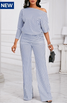 Striped Asymmetry Blue Long Off Shoulder Top and Pants