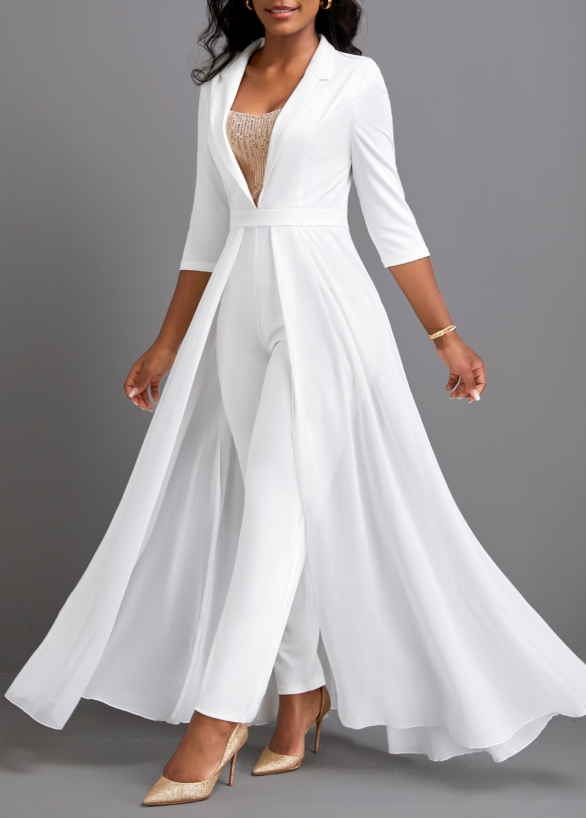 Sequin Ankle Length Lapel Regular White Jumpsuit