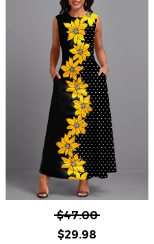 Floral Print Double Side Pockets Black Sleeveless Maxi Dress