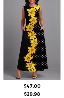 Floral Print Double Side Pockets Black Sleeveless Maxi Dress