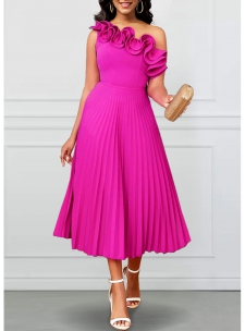 Sleeveless Pleated Hot Pink One Shoulder Dress