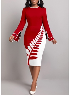 Leaf Print Patchwork Wine Red Long Sleeve Bodycon Dress
