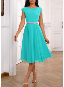 Sequin Peacock Blue Short Sleeve Boat Neck Dress