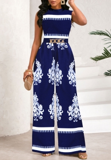 Tribal Print Chain Navy Long Stand Collar Sleeveless Jumpsuit
