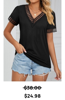 V Neck Patchwork Black Short Sleeve T Shirt