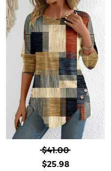 Geometric Print Button Brick Red Long Sleeve T Shirt