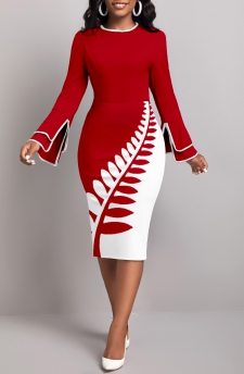 Leaf Print Patchwork Wine Red Long Sleeve Bodycon Dress