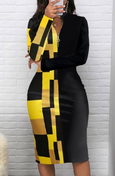 Geometric Print Patchwork Black Long Sleeve Bodycon Dress