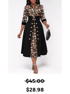 Random Floral Print Button Black Split Neck Dress