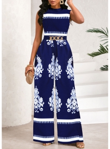 Tribal Print Chain Navy Long Stand Collar Sleeveless Jumpsuit