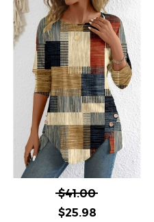 Geometric Print Button Brick Red Long Sleeve T Shirt