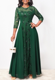 Sequin Lace Blackish Green Round Neck Maxi Dress