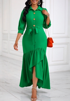 Button Belted Green High Low Shirt Collar Dress