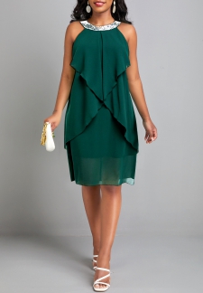 Green H Shape Round Neck Sleeveless Sequin Dress