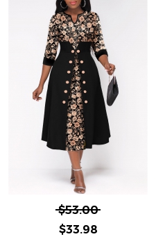 Random Floral Print Button Black Split Neck Dress