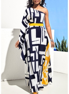 One Shoulder Navy Blue Geometric Print Maxi Dress