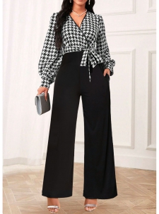 Plaid Patchwork Belted Black Long V Neck Jumpsuit