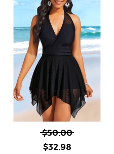 Handkerchief Hem Mesh Black One Piece Swimdress