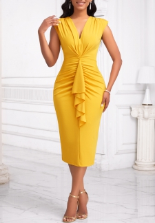 Ruffle Yellow Short Sleeve V Neck Bodycon Dress