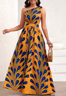 Feathers Print Asymmetry Orange Sleeveless One Shoulder Maxi Dress