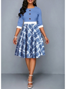 Plaid Button Dusty Blue Three Quarter Length Sleeve Dress