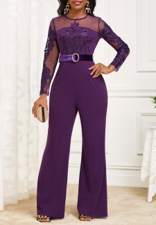 Velvet Belted Purple Long Round Neck Jumpsuit