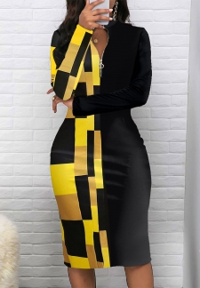 Geometric Print Patchwork Black Long Sleeve Bodycon Dress