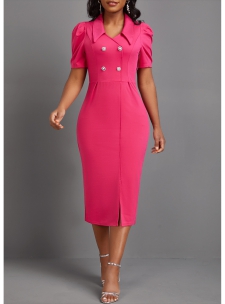 Button Hot Pink Short Sleeve Bodycon Dress