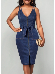 Zipper Belted V Neck Denim Bodycon Dress