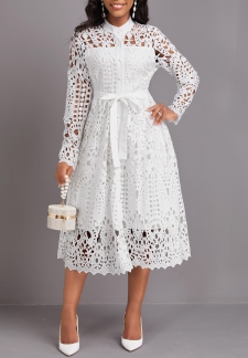 Lace Belted White Stand Collar Long Sleeve Dress