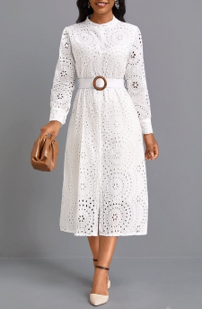 Button Belted White Round Neck Long Sleeve Dress
