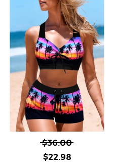 Landscape Print Drawstring Black Bikini Top