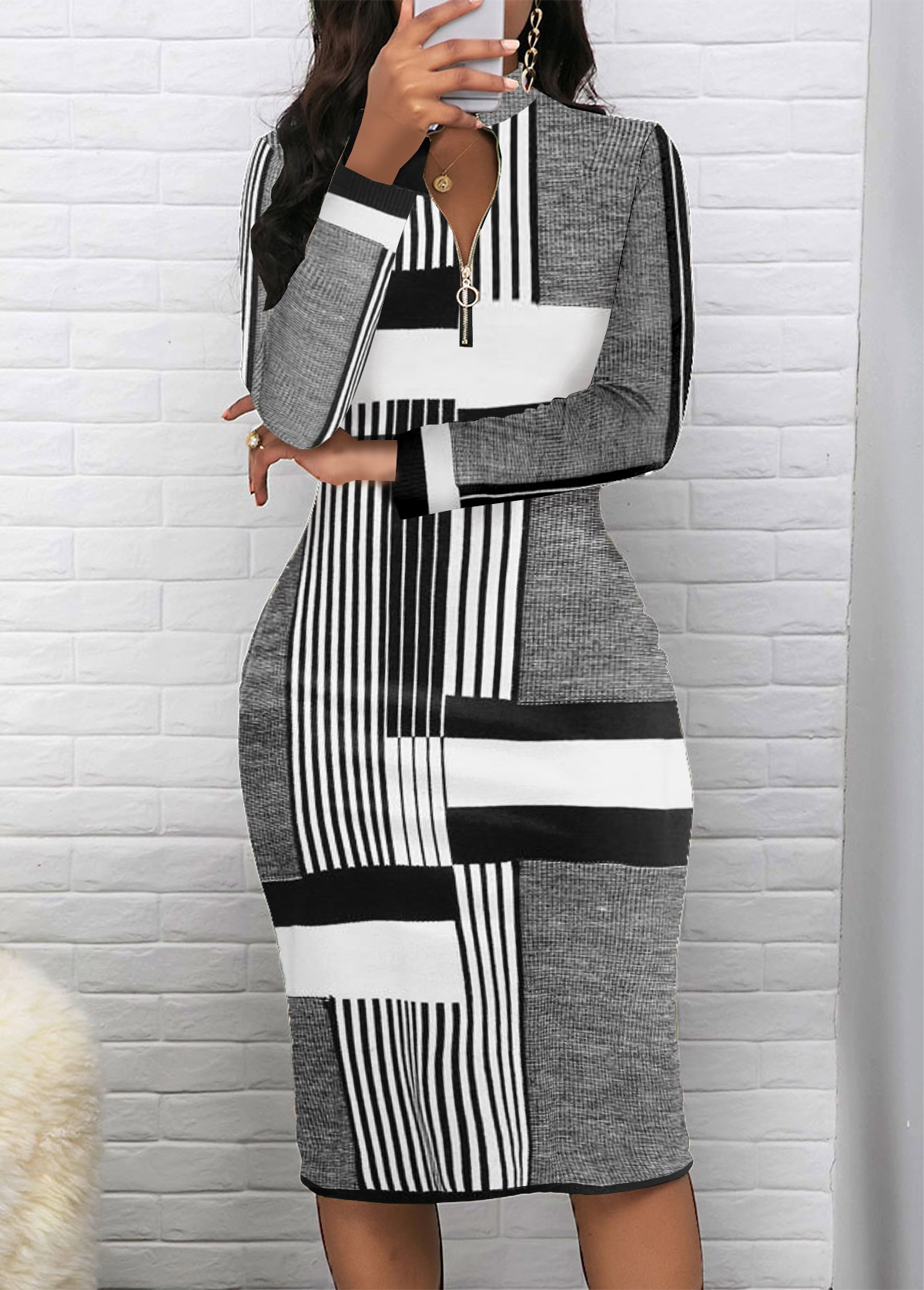 Striped Patchwork Light Grey Marl Stand Collar Dress