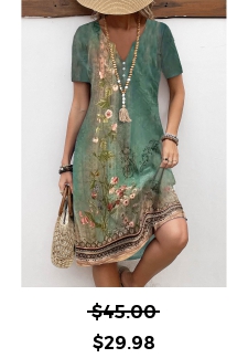 Floral Print Button Green A Line Short Sleeve Dress