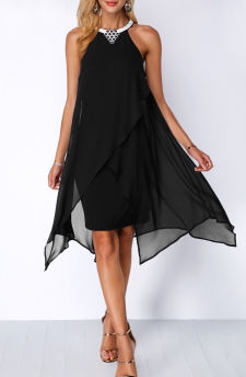 Embellished Neck Chiffon Overlay Black Dress