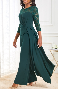 Lace Stitching 3/4 Sleeve Blackish Green Jumpsuit