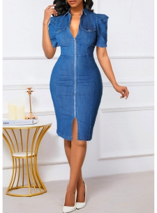 Zipper Denim Blue Short Sleeve Bodycon Dress