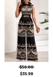 Tribal Print Patchwork Black Long Stand Collar Sleeveless Jumpsuit