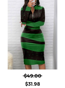 Geometric Print Zipper Green Long Sleeve Bodycon Dress