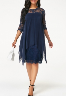 Chiffon Overlay Navy Blue Three Quarter Sleeve Lace Dress