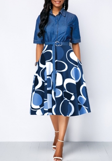 Geometric Print Circular Ring Belted Denim Blue Dress