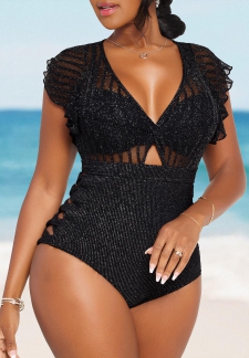 Mesh Cutout Black One Piece Swimwear