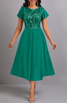 Lace Frill Green Round Neck Short Sleeve Dress
